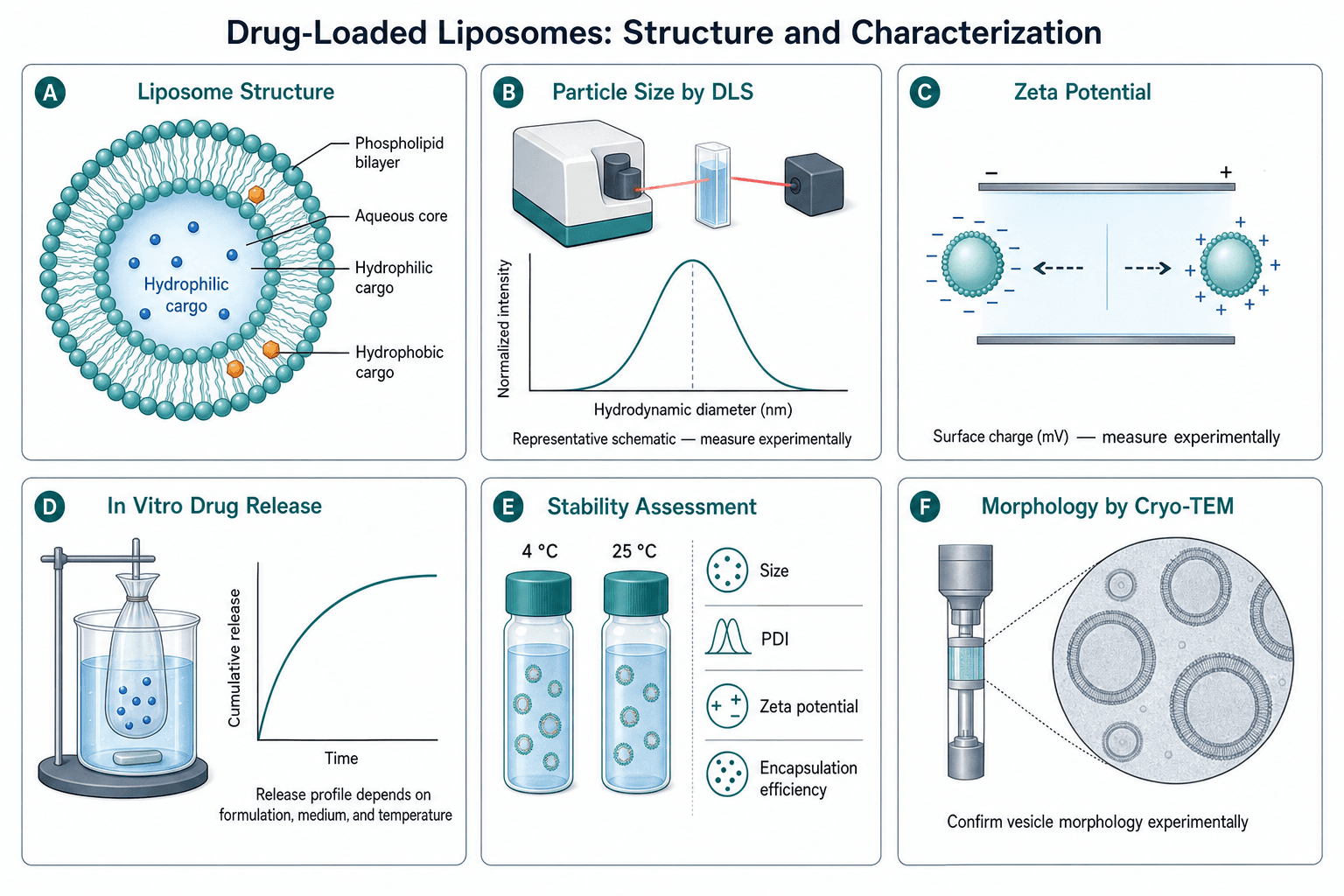 Publication-style overview of drug-loaded liposome structure and experimental characterization methods