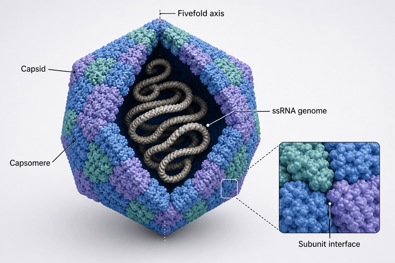 Cutaway 3D icosahedral virus capsid showing capsomeres and enclosed nucleic-acid genome