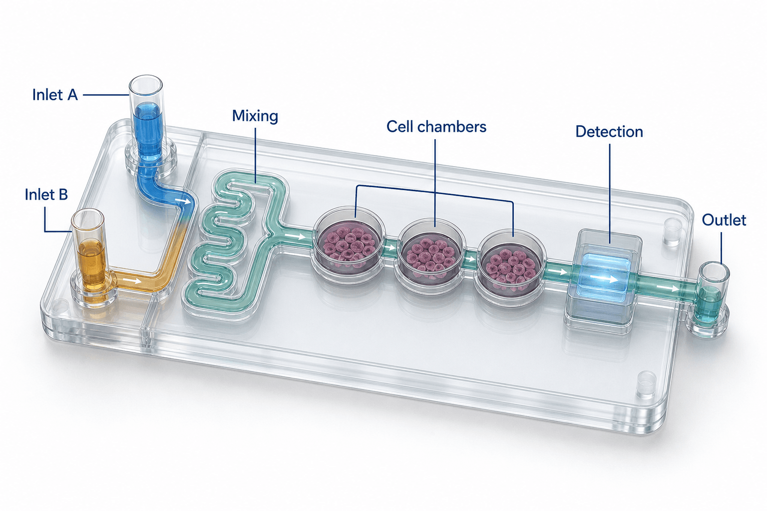 3D microfluidic organ-on-chip figure with fluid inlets, cell chambers, detection zone, and outlet